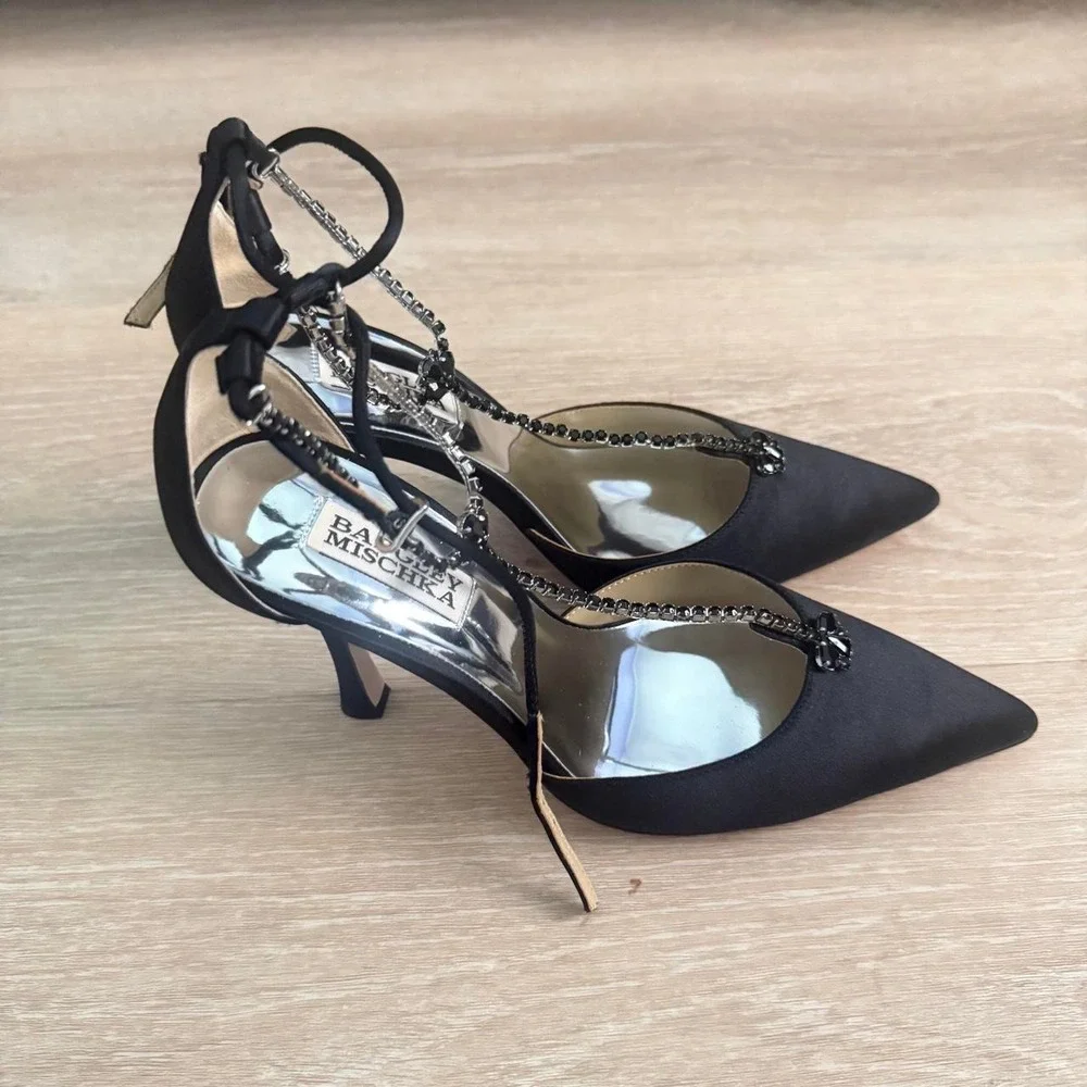 Badgley Mischka Zayna stiletto black heels with intricate rhinestone detail